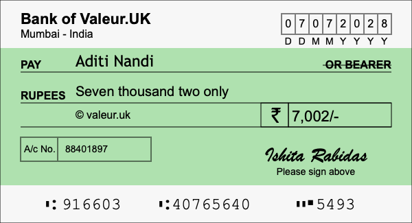 How to write a cheque for 7,002 rupees