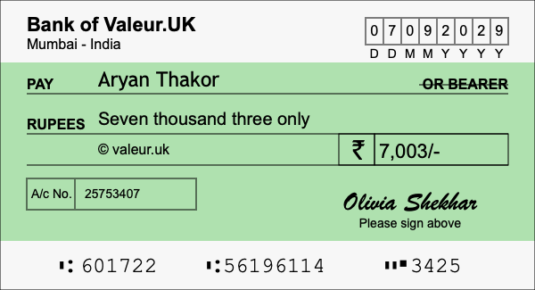 How to write a cheque for 7,003 rupees