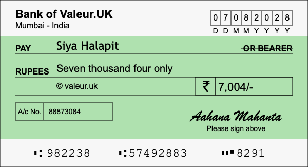 How to write a cheque for 7,004 rupees
