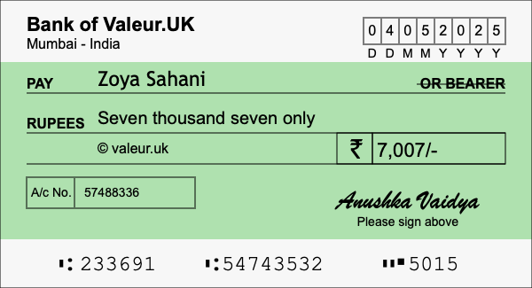 How to write a cheque for 7,007 rupees