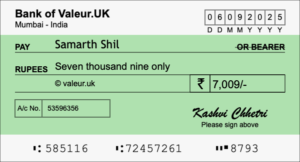 How to write a cheque for 7,009 rupees