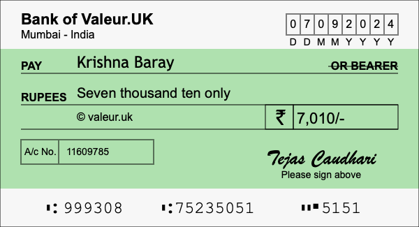 How to write a cheque for 7,010 rupees