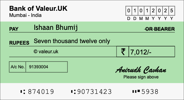 How to write a cheque for 7,012 rupees