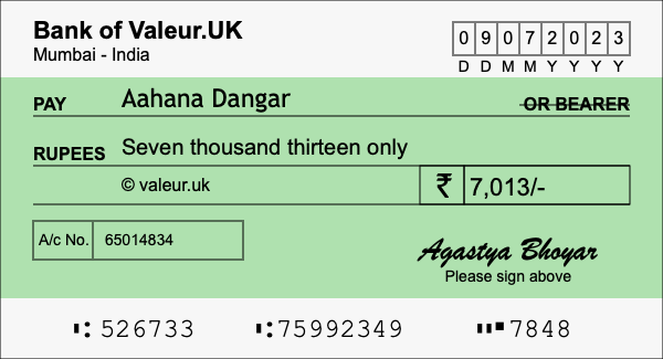 How to write a cheque for 7,013 rupees