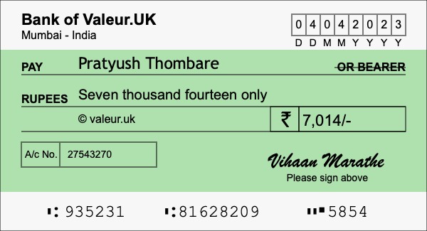 How to write a cheque for 7,014 rupees