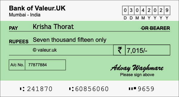 How to write a cheque for 7,015 rupees