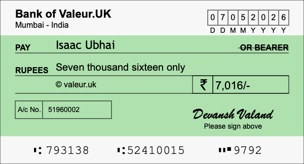 How to write a cheque for 7,016 rupees