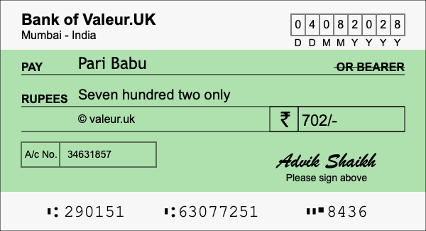 How to write a cheque for 702 rupees