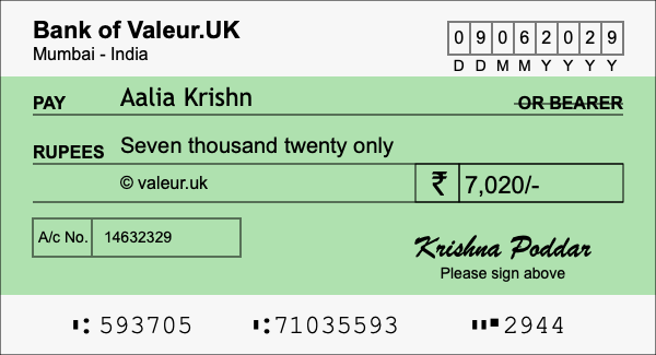 How to write a cheque for 7,020 rupees