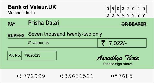 How to write a cheque for 7,022 rupees