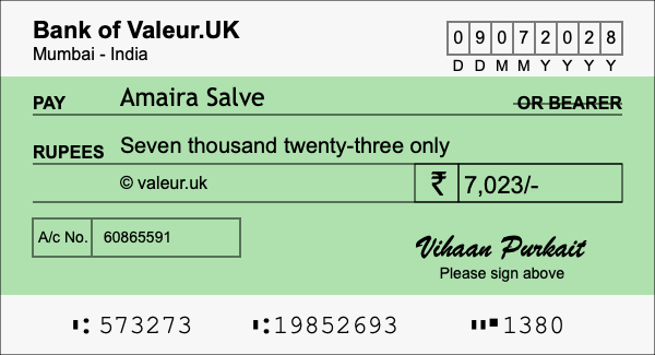 How to write a cheque for 7,023 rupees