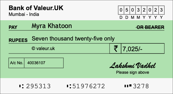 How to write a cheque for 7,025 rupees