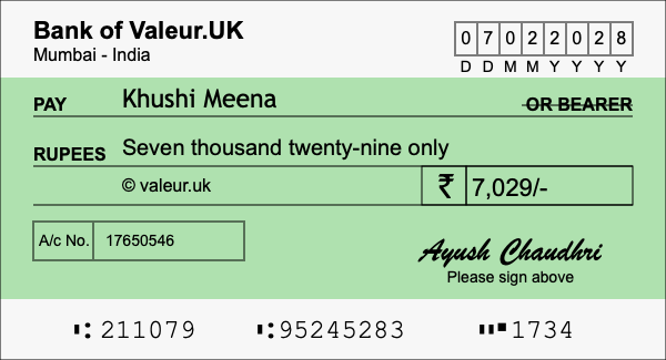 How to write a cheque for 7,029 rupees