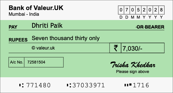 How to write a cheque for 7,030 rupees