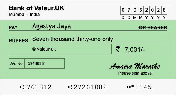 How to write a cheque for 7,031 rupees