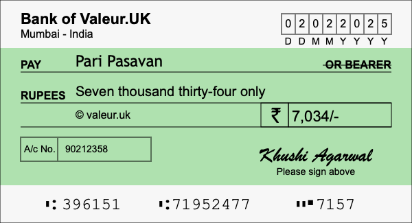 How to write a cheque for 7,034 rupees