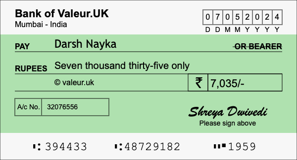 How to write a cheque for 7,035 rupees