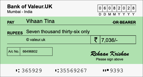 How to write a cheque for 7,036 rupees