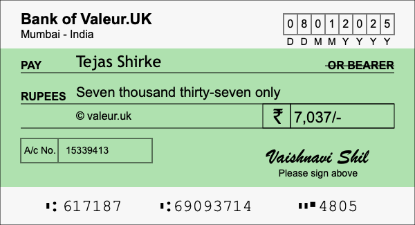 How to write a cheque for 7,037 rupees