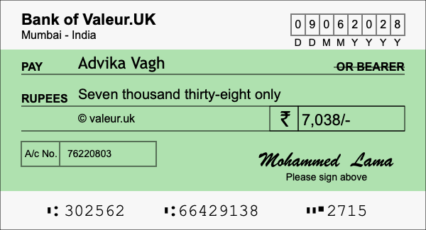 How to write a cheque for 7,038 rupees