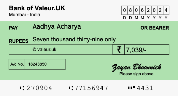How to write a cheque for 7,039 rupees