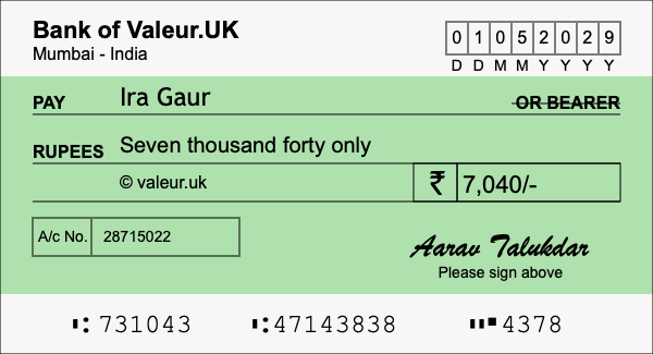 How to write a cheque for 7,040 rupees