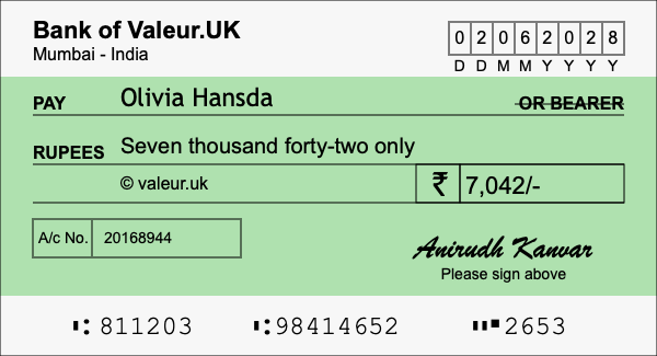 How to write a cheque for 7,042 rupees