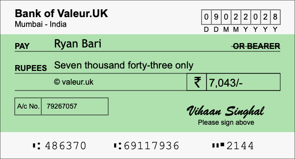 How to write a cheque for 7,043 rupees