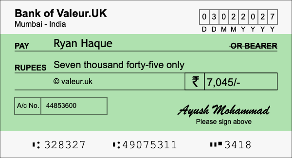 How to write a cheque for 7,045 rupees