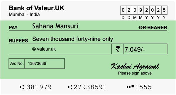 How to write a cheque for 7,049 rupees