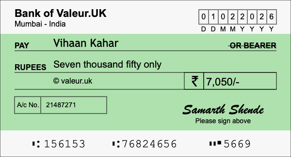How to write a cheque for 7,050 rupees