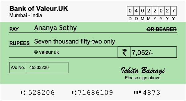 How to write a cheque for 7,052 rupees