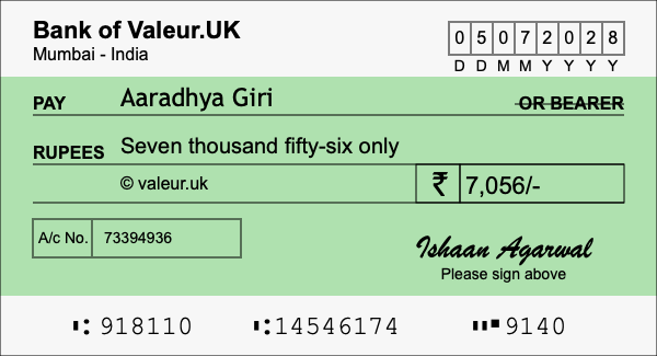 How to write a cheque for 7,056 rupees