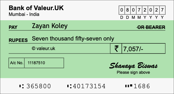 How to write a cheque for 7,057 rupees