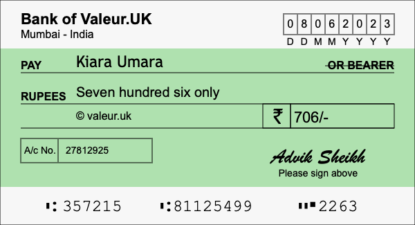 How to write a cheque for 706 rupees
