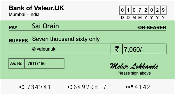 How to write a cheque for 7,060 rupees