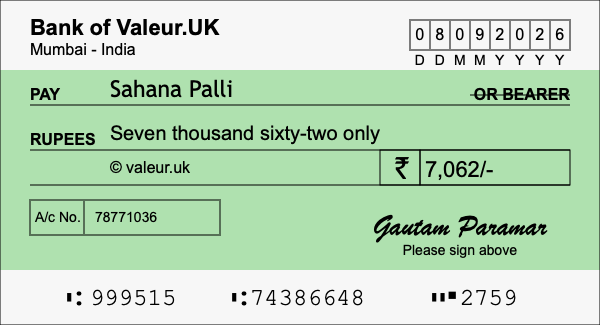 How to write a cheque for 7,062 rupees