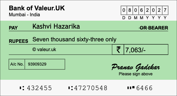 How to write a cheque for 7,063 rupees