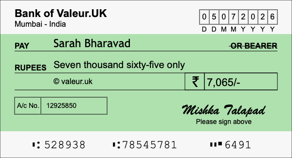 How to write a cheque for 7,065 rupees