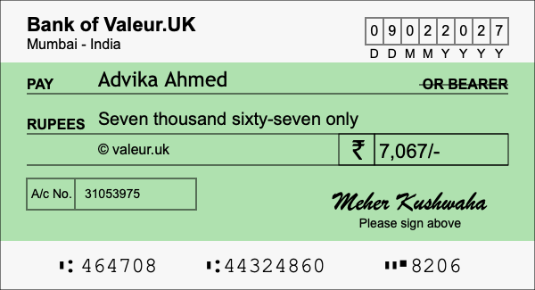 How to write a cheque for 7,067 rupees