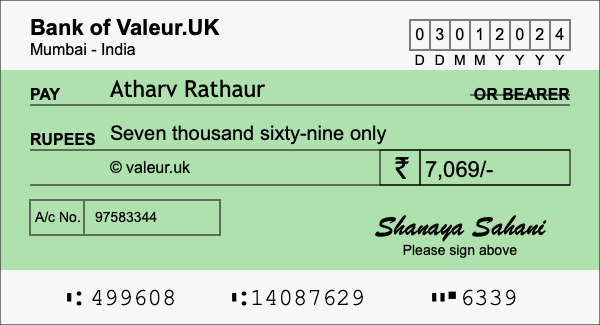 How to write a cheque for 7,069 rupees