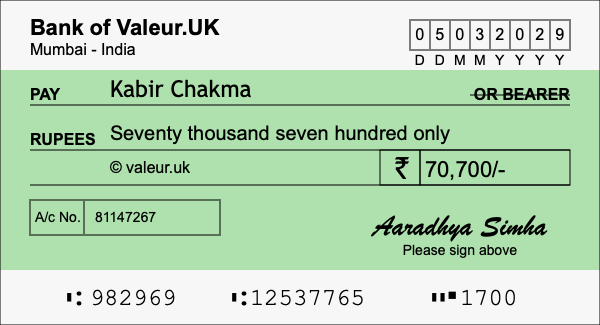 How to write a cheque for 70,700 rupees How to write a cheque for 70,700 rupees
