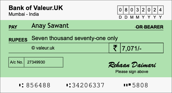 How to write a cheque for 7,071 rupees