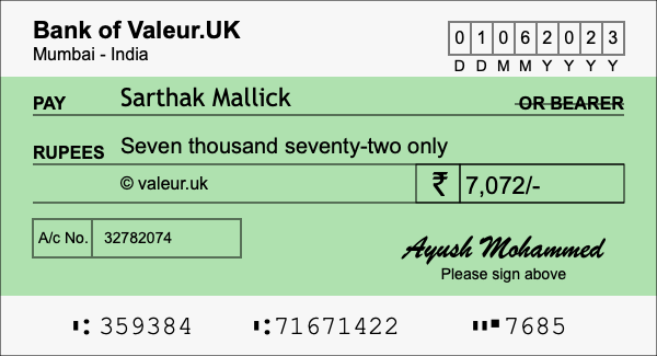 How to write a cheque for 7,072 rupees