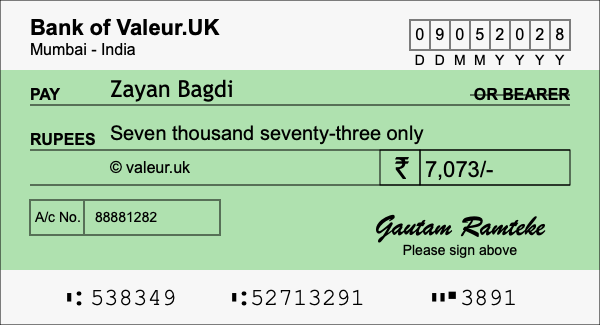 How to write a cheque for 7,073 rupees