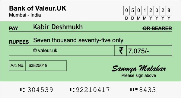 How to write a cheque for 7,075 rupees