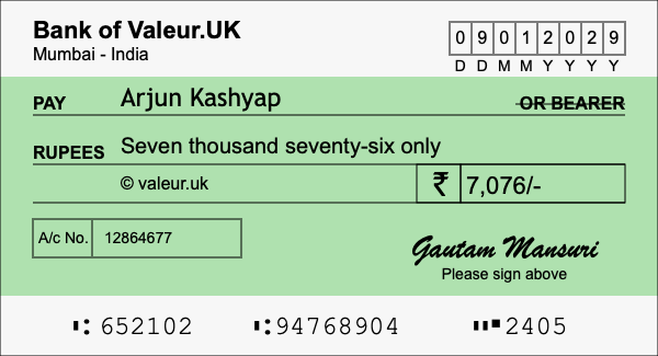How to write a cheque for 7,076 rupees