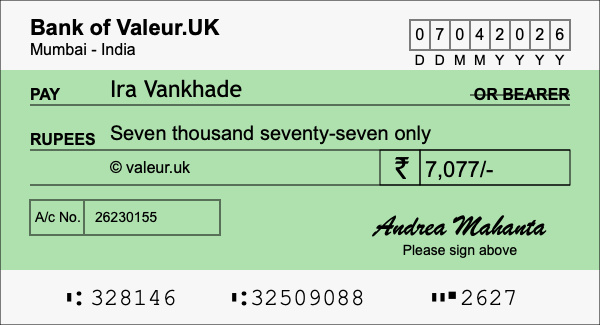 How to write a cheque for 7,077 rupees