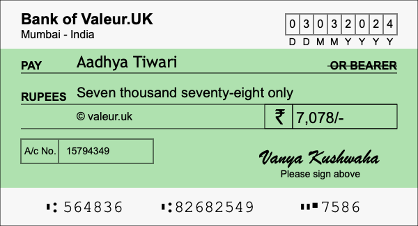 How to write a cheque for 7,078 rupees