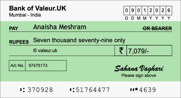 How to write a cheque for 7,079 rupees